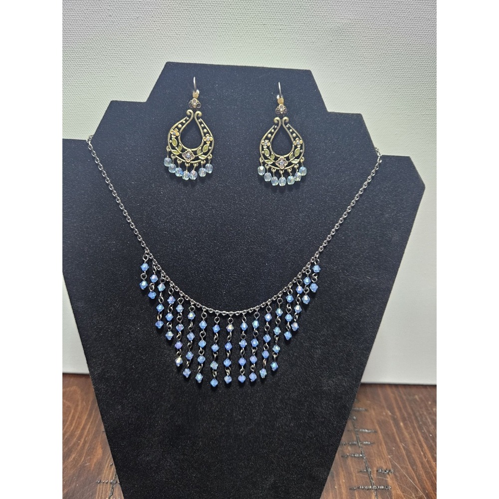 Vintage Boho Gold Tone Blue Crystal Fringe Chandelier Necklaceβ & Earring Set